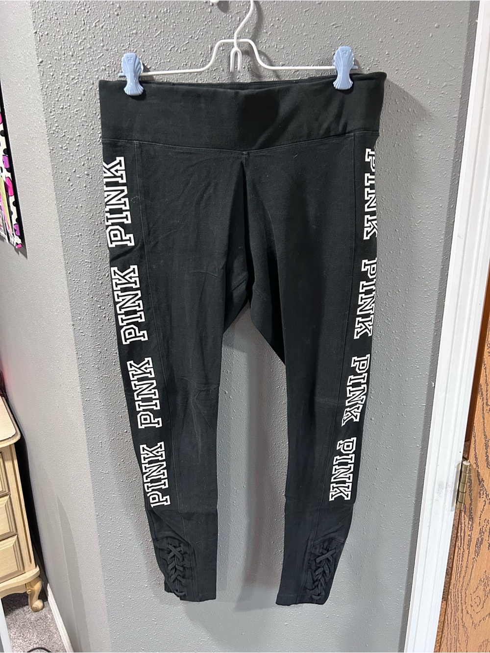 PINK Victoria's Secret Black Leggings with White Logo Side Stripes